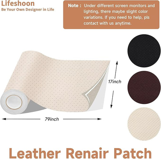 Lifeshoon Leather Repair Patch, 17X79 Inch Breathable Perforated Self Adhesive Leather Repair Tape, Large Vinyl Patch Kits for Couch, Furniture, Sofa, Car Seat, Office Chairs (Beige, 17X79 Inch)