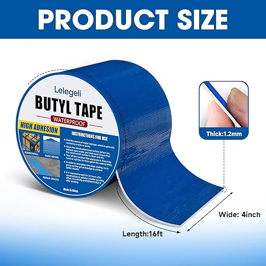 Lelegeli Blue Duct Tape Heavy Waterproof 4inch x 16ft, Waterproof Tape for Solar Pool Cover, Pool Liner Repair, Butyl Sealant Tape for RV Awning Sealing, Metal Roof Patch