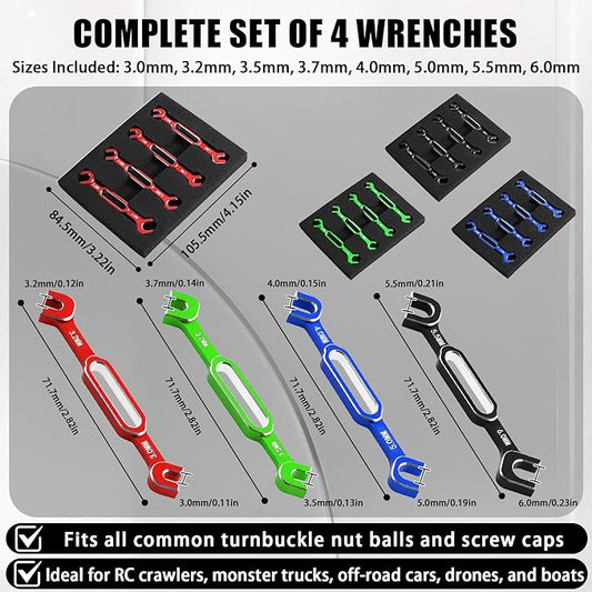 4PCS RC Wrench 3.0/3.2/3.5/3.7/4.0/5.0/5.5/6.0mm Turnbuckle Nut Ball Joint Remover Aluminum Alloy RC Car Repair Tool For RC Crawler Monster Truck Off Road Car Drone Boat Upgrade Parts, Green