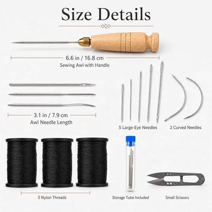16Pcs Upholstery Repair Sewing Kit, Heavy Duty Leather Sewing Kit with Sewing Awl, Hand Needles, Curved Needles, Scissors and Nylon Thread for Leather Shoes, Sofa, Furniture, Canvas Repair (Black)