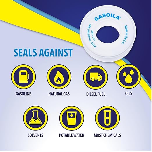 Gasoila PTFE Thread Seal Tape – Professional-Grade, 1/2 Inch x 260 Inch, Low-Density Thread Tape for Plumbing and Water Pipes – Leak-Proof Seal, Non-Toxic, Pack of 5