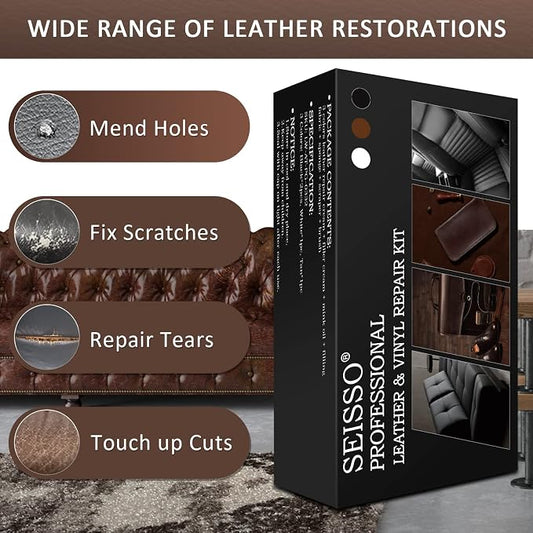 SEISSO Leather Repair Kit for Furniture, Vinyl Leather Repair Kit Car Interior Leather Dye with Mink Oil, Leather Filler Restore for Sofa Couch Cat Scratches