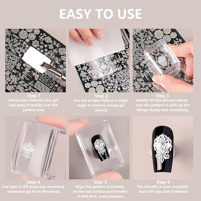 French Tip Nail Stamper, Clear Silicone French Tip Tool with Nail Scraper Alcohol-Washable Soft Jelly Stamp Head Manicure Guide for Gel Polish Printing Design Home Salon Nail Art Supplies