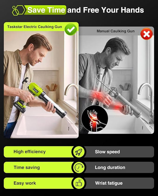 Taskstar Cordless Caulking Gun with Battery, Electric Caulking Gun with Caulking Tool 3 in 1, LED Light and 4-Adjustable Speed, Automatic Silicone Gun No Drip Compatible with Makita 18-21V Battery