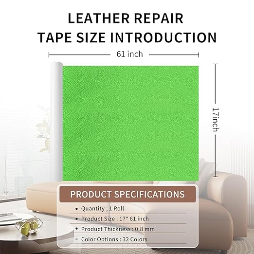 Leather Repair Patch Tape, Green 17 x 61 Inches Self Adhesive Leather Repair Kit for Furniture, Car Seat,Vinyl Leather Repair Kit for Office Chairs, Bags, Luggage