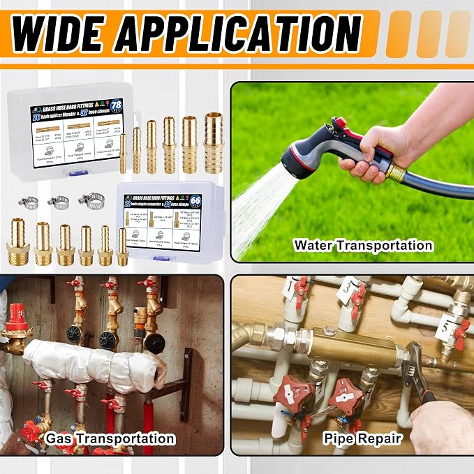 48PCS Brass Hose Barb Fittings,Barb Splicer Mender 3/16" 1/4" 5/16" 3/8" 1/2" 5/8" and Male Thread Adapter 3/8" Barbed to 1/4" NPT, 1/4" Barbed to 1/4" NPT Male with 96Pcs Pipe Hose Clamps