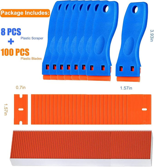 8 Pcs Plastic Razor Blade Scraper and 100 Pcs Blades, Remove Label Decal Tool, Forwithout Scratches Plastic Razor Blade Scraper, Adhesive Remover for Stickers, Kitchen Appliances and Paints on Window