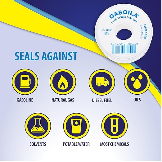 Gasoila PTFE Thread Seal Tape – Professional-Grade, 1 Inch x 1296 Inch, Low-Density Thread Tape for Plumbing and Water Pipes – Leak-Proof Seal, Non-Toxic