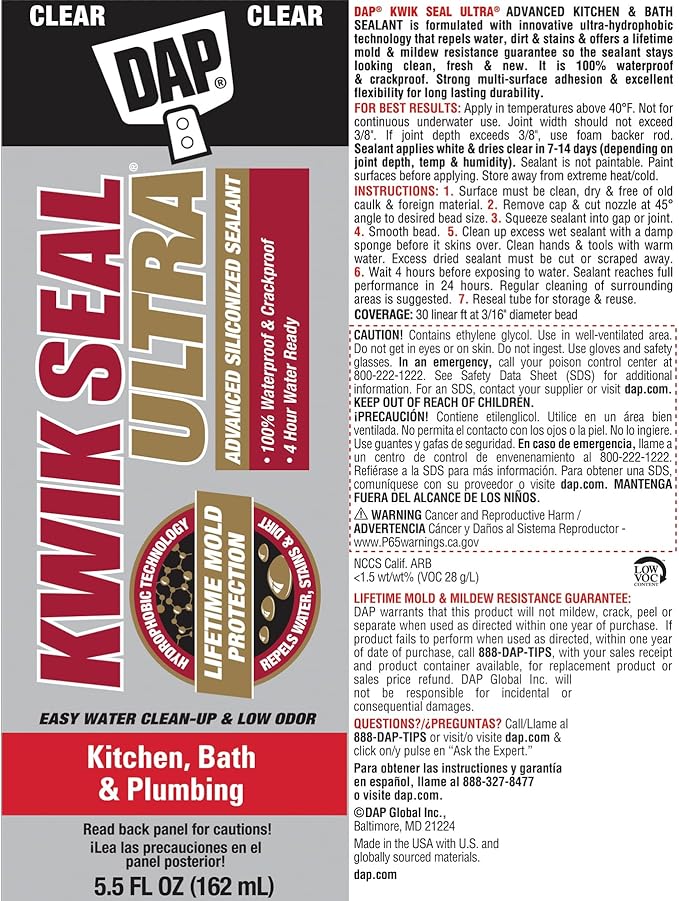 Kwik Seal Ultra Advanced Kitchen and Bath Siliconized Sealant, Clear, 5.5 Oz (7079818915)
