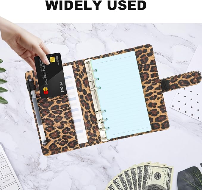 Convend A6/A5 Refillable 6 Ring Faux Leather Budget Binder,Mini Notebook Binder Cover for A6 Filler Paper,Loose Leaf Personal Planner Cover with Magnetic Buckle Closure (Leopard)
