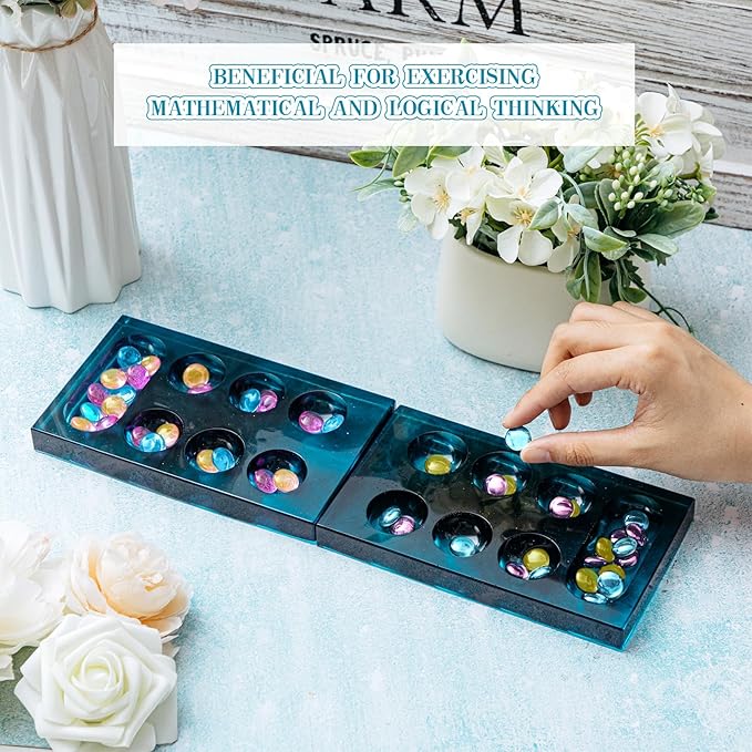 Zhehao Mancala Board Game Molds Set Epoxy Silicone Resin Molds Kit with 2 Pcs Mancala Stones Molds 4 Pcs Metal Mancala Accessories Mancala Board Resin Game Molds for Gifts DIY Family Party Board Games