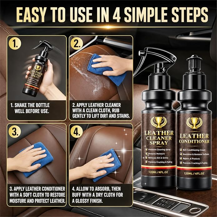 Leather Cleaner and Conditioner, 2-in-1 Leather Care Kit for Car Seats, Furniture, Shoes and Bags, Cleans Dirt and Residue, Enhances Natural Shine and Maintains Smooth Leather, Non-Greasy Formula