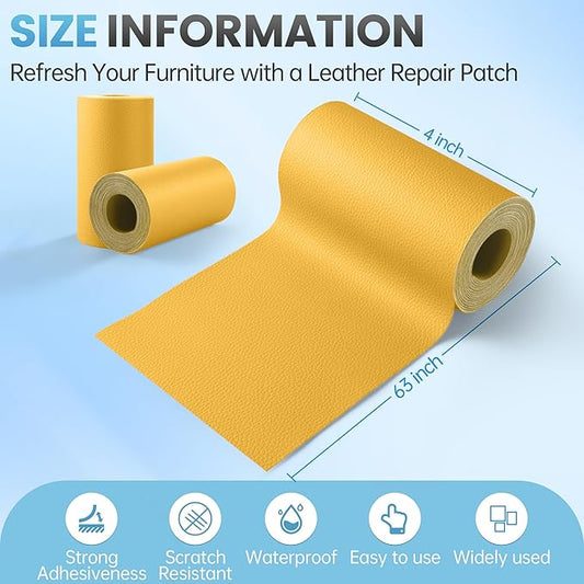 Leather Repair Patch Tape Kit, 4" x 63" Self Adhesive Leather Repair Patch for Furniture, Vinyl Leather Repair Kit for Car Seat, Chairs, Couch, Sofa, Boat Yellow
