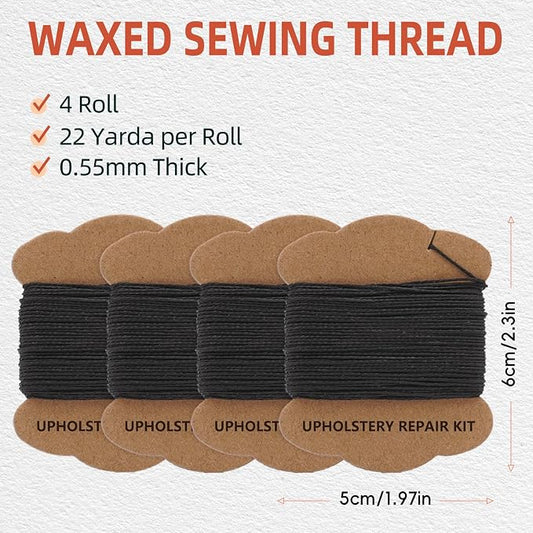 Upholstery Repair Kit: Extra Strong Waxed Sewing Thread 4 Rolls (Black Color) &Heavy Duty Household Hand Needles (7 PCS) for Leather, Canvas, Bookbinding & Quilting Thread