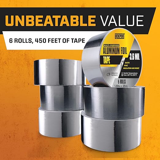 Lockport Aluminum Foil Tape 2" x450 ft - 6 Pack - Aluminum HVAC Tape - HVAC Duct Sealing, Dryer Vent, Heat Insulation & Ductwork Repairs - Heat Resistant, Waterproof, Professional Grade