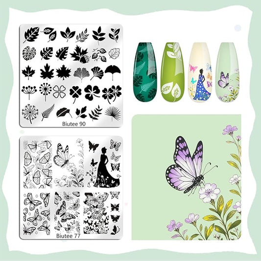 Biutee Nail Stamping Plate 15PCS Nail Stamper Kit Nail Art Stamping Plates Set with Nail Stamper, Scraper & Storage Bag, Nail Stamping Kit Star Bowknot Love Butterfly Leaf Design Template for Nail Art