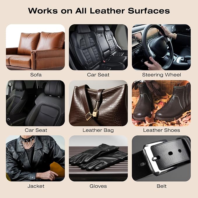 12H Quick-Dry Leather Repair Kit with 3.53Oz Leather Recoloring Balm, Filler & 4.23Oz Conditioner & Cleaner, 3-in-1 Vinyl Repair Set for Couch, Car Seat, Jacket, Shoes, Faux Leather, Beige