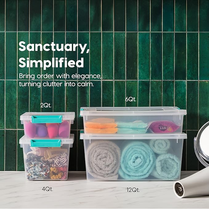 IRIS USA 6 Qt. Craft Storage Bins with Lids, 4-Pack, |Made in USA|, Clip Box, Small Plastic Sensory Bin Tote Organizer Containers for Art Supplies, Paper, & Office, Stackable - Clear/Seafoam Blue