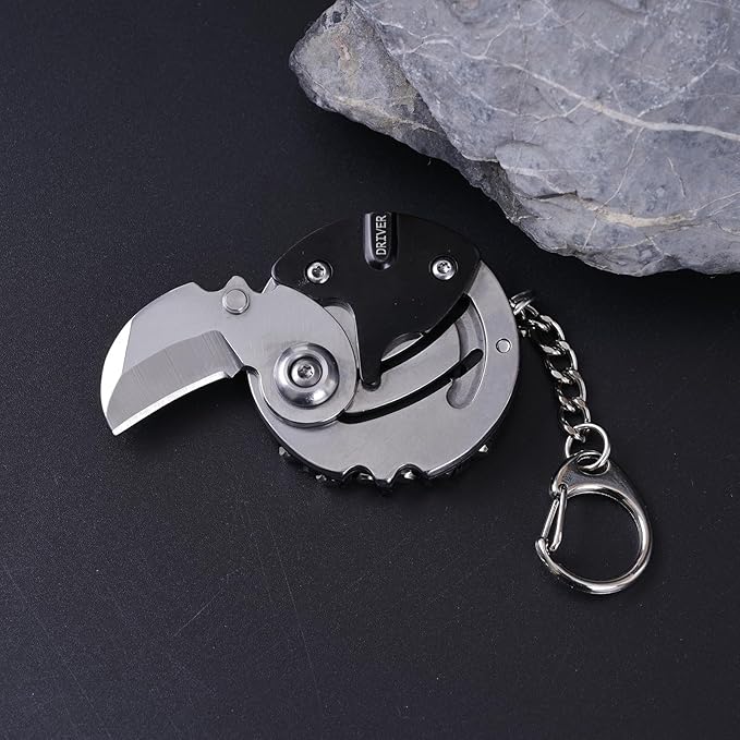 7-in-1 mini outdoor folding multifunctional tool - Small EDC Multitool with Screwdriver Set - portable pocket pendant -Compact Manual Tool (Silver stainless steel)