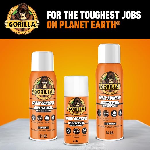Gorilla Heavy Duty Spray Adhesive, Multi Purpose & Repositionable, Clear, 14 oz (Pack of 2) Bonds Paper, Cardboard, Foam, Fabric, Photo Safe, Non-Yellowing, Indoor & Outdoor