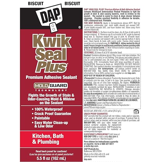 DAP Kwik Seal Plus Kitchen & Bath Adhesive Sealant, Biscuit, 5.5 Oz (7079818539)