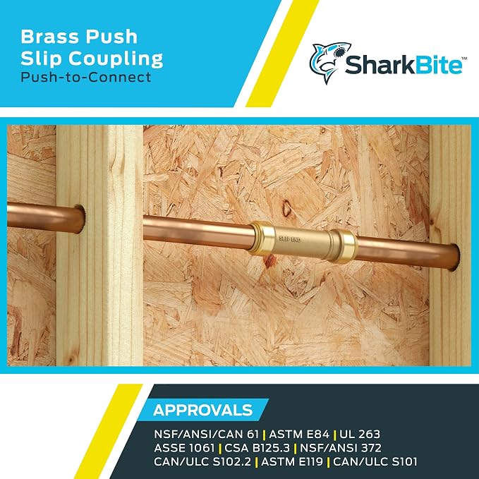 SharkBite 3/4 Inch Slip Coupling, Push to Connect Brass Plumbing Fitting, PEX Pipe, Copper, CPVC, PE-RT, HDPE, U3016LFA