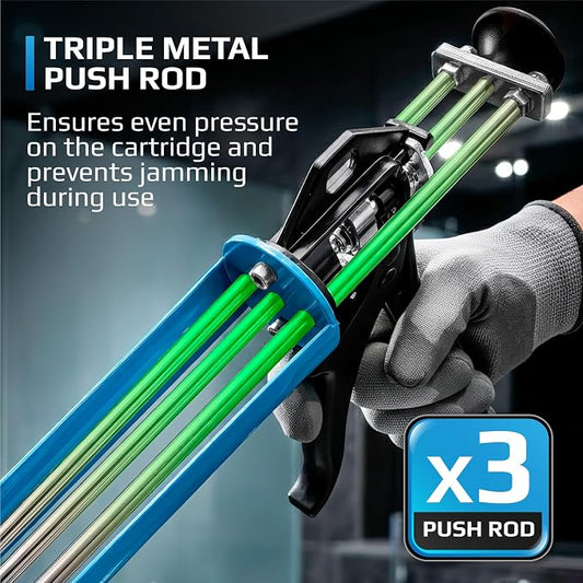 Professional Heavy-Duty Caulking Gun 26:1 Thrust Ratio, Triple Push Rod Dripless Silicone Caulk Gun with Metal Handle, Adjustable Trigger, Fits 5–10 oz Cartridges for Silicone Acrylic & Sealants GRAFF | Triple push rod system –max pressure 150–310 ml c...