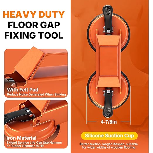 Floor Gap Fixer Tool Heavy Duty 45°Striking Surface Floor Gap Repair Tool Made of Iron & Enhanced Suction Cup with Slot Cutter, Hammer and 5pcs Sticky Pads for Fixer Laminate/Vinyl Flooring Tools