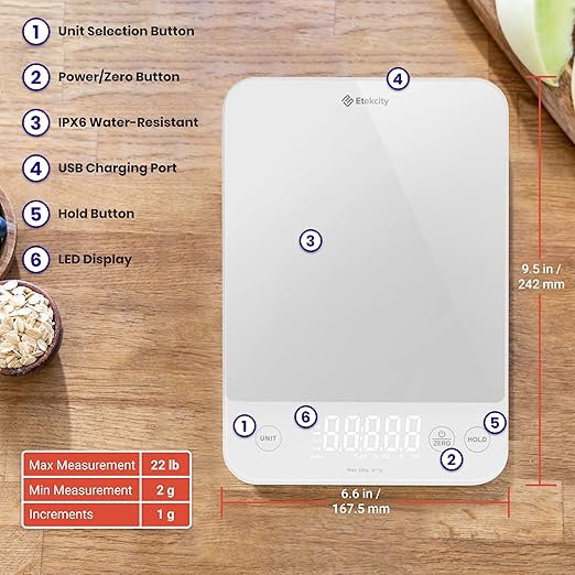 Etekcity Food Kitchen Scale, 22lb Digital Weight Scale Grams and Ounces Rechargeable Waterproof Tool for Weight Loss, Cooking, Baking, Meat, Bread, Large 0.05oz/1g Accuracy (Pack of 10)
