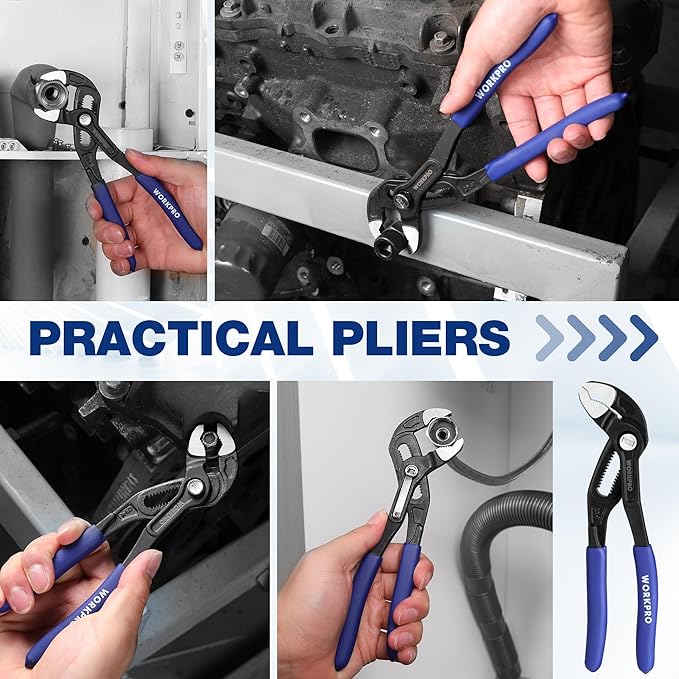 WORKPRO 7 Inch Water Pump Pliers, Quick Release Groove Joint Pliers, CR-V Tongue and Groove Pliers for Home and Industrial Repair, V-Jaw & Push-Lock Desigh, Comfortable Grips, Upgraded Wide Opening