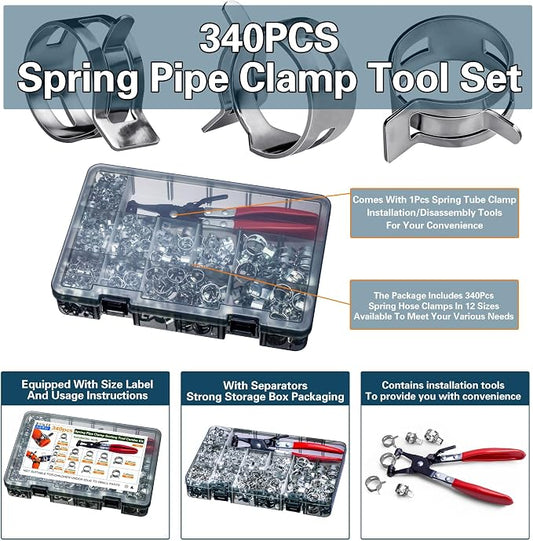 Spring Pipe Clamps340PCS, With Spring Pipe Clamp Tools, 12 Sizes 6-22mm Spring Hose Clamps, Used To Fix Hose Interfaces In Automotive, Marine, Gardening, Industrial Applications
