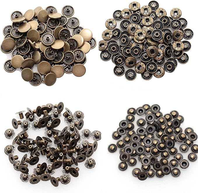 BetterJonny 24 Sets Heavy Duty Leather Snap Fasteners Kit, 17mm Metal Snap Buttons Press Studs Leather Rivets Snaps with 4 Setter Tools for Clothes Bracelet Jackets Jeans (Antique Brass)