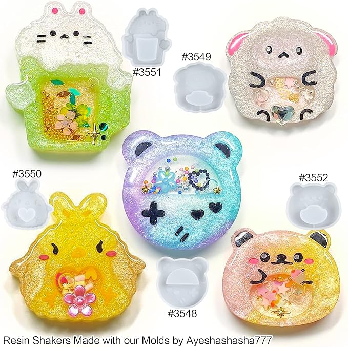 FUNSHOWCASE Epoxy Resin Shaker Molds Set Jewelry Casting Supplies, Bear, Chick, Sheep, Beer Mug, Game Console 5 Silicone Trays with 5 Seal Films, Height 2-2.4inch