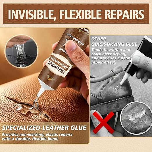 Leather Glue 4.23 OZ – Industrial Strength Clear Flexible Adhesive | for Leather Repair, Shoes, Bags, Furniture, Car Seats – Works on Suede, Upholstery & Rubber 120ml