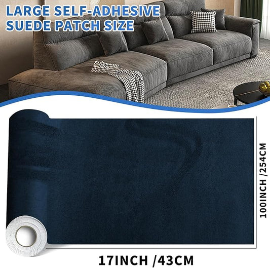 Suede Repair Patch, Large Faux Suede Leather Fabric,Self-Adhesive Fabric Patches for Furniture, Couch, Sofa, Car Interior, Shoes, Hand Bag, Jewelry Boxes (Blue, 17x100inch)