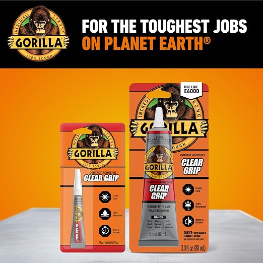 Gorilla Clear Grip Waterproof Contact Adhesive, 3 Ounce Tube, Clear, (Pack of 1)