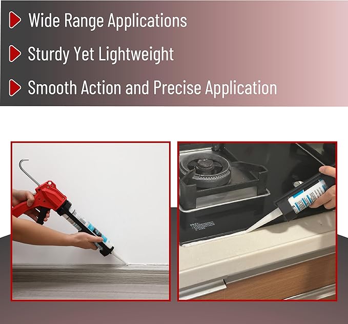 Bates- Caulking Gun Tool, 10:1 Thrust Ratio, Black & Red, 360° Rotating Plastic Barrel, Caulk Gun with Spout Cutter, Seal Puncture Tool, Built-in Scraper and Finishing Tool