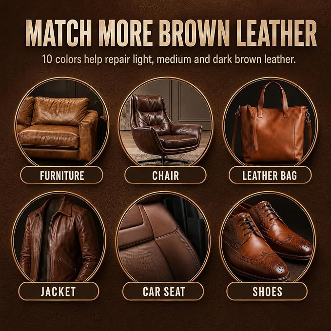 Leather & Vinyl Repair Kit for Furniture, Couch, Sofa, Chair, Car Seat | 10 Brown Shades, No Skills Needed, for Cat Scratch, Crack, Tear, Hole on Faux Upholstery, Recliner, Purse, Shoes, Jacket, RV