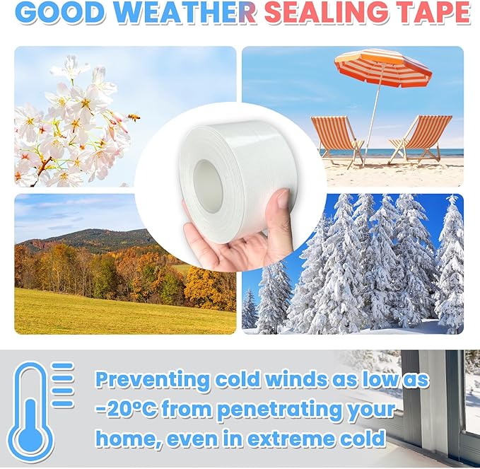 White Window Weather Sealing Tape,Window Draft Isolation Sealing Film Tape,Window AC Seal Air Conditioner Sealing Tape No Residue, Self Adhesive for Keep Out Cold Air Dust Rain, Waterproof