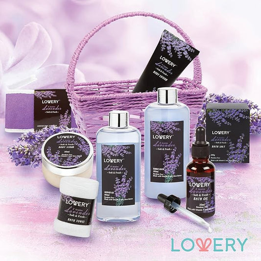 Christmas Gifts, Spa Gift Basket, Luxury 9 Piece Bath & Body Set For Women & Men,Lavender & Jasmine Scent With Shower Gel, Bubble Bath, Lotion, Bath Salt, Body Scrub,Massage Oil, Loofah & Basket