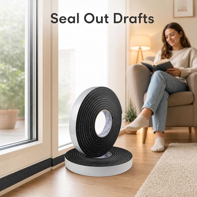 Seal Foam Tape,1/4" Thick-1"-16.5ft 2Rolls, Weather Stripping for Door and Window,High Density Single Sided Closed Cell Door Insulation Weather Strip, Black