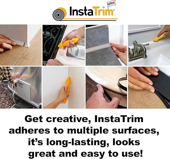 InstaTrim Peel & Stick Flexible Caulk Tape & Trim, Easy to use, self-Adhesive, Caulk sealant for Floors, Doors, Windows, counters, tubs and More - Made in USA, 1/2 inch x 10 feet, Brown