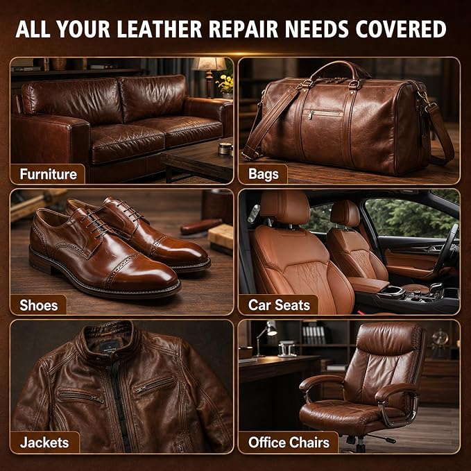 Brown Leather Repair Kit for Furniture, Car Seats, Couch, Steering Wheel, Leather and Vinyl Repair Kit with Super Easy Instructions, Efficiently Repairs Scratches, Peeling, Tears, Holes of All Leather
