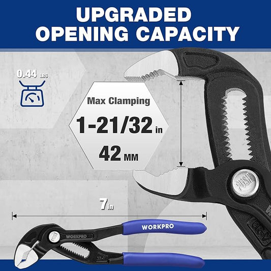 WORKPRO 7 Inch Water Pump Pliers, Quick Release Groove Joint Pliers, CR-V Tongue and Groove Pliers for Home and Industrial Repair, V-Jaw & Push-Lock Desigh, Comfortable Grips, Upgraded Wide Opening
