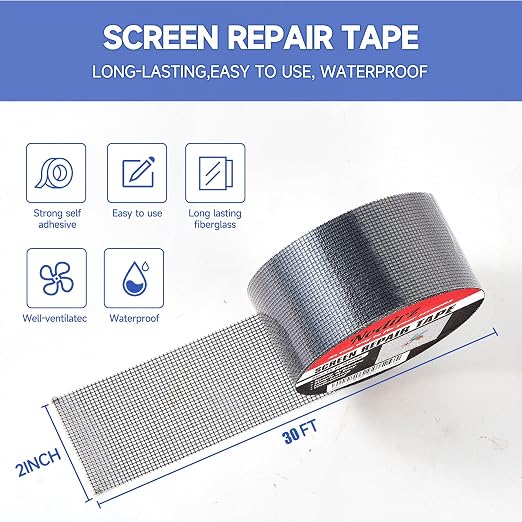 Window Screen Repair Tape, 2 in X 30 FT (360IN) Screen Repair Kit for Windows or Doors, Strong Adhesive Screen Patch Repair Kit Mesh Repair (Black, 30 FT)