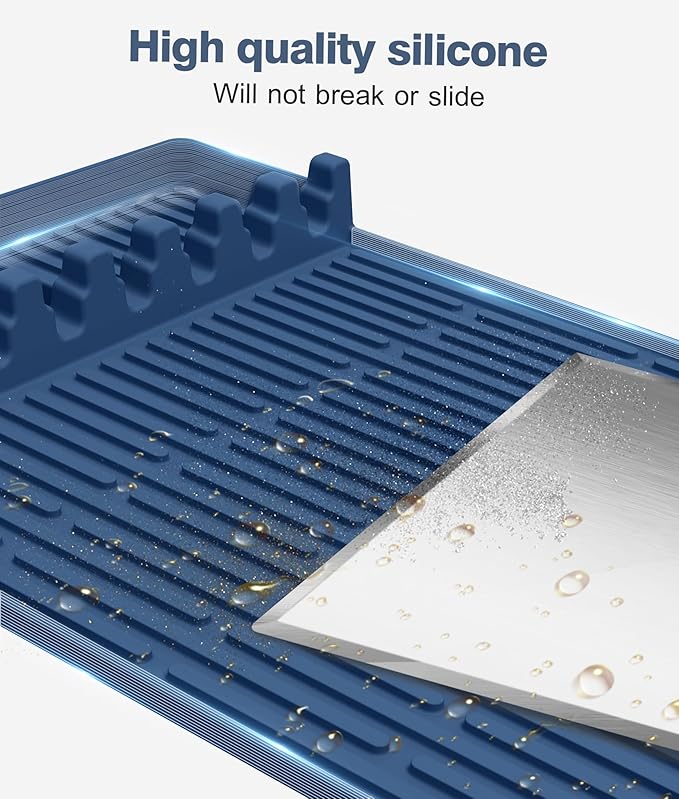 Silicone Grill Mat Compatible with Blackstone, BBQ Griddle Tools Mat with Drip Pad, Large Spatula Holder for Outdoor Kitchen Counter, Gifts for Men (Blue)