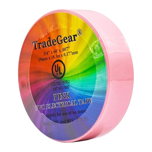 TradeGear Colored Electrical Tape - PVC General Purpose - Waterproof, Flame Retardant, Rubber Based Adhesive, UL Listed - Rated for Max. 600V and 80oC Use – 60’ x 3/4" x 0.07" (1 Pk Pink)