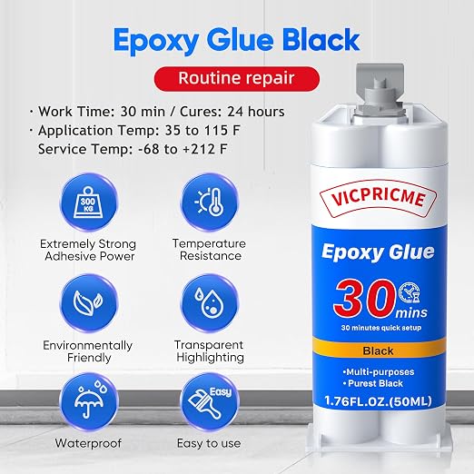 Vicpricme Plastic Glue Black,2 Part Epoxy Glue, 1.76oz Syringe, Waterproof Plastic Weld Adhesive, can Bond Metal, Plastics, Wood, Ceramics, is The Best Golf Club Epoxy Resin Crack Repair Glues (1)