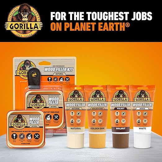 Gorilla All Purpose Wood Filler, Natural Finish, 16 Ounce Tub (Pack of 4) - Water Resistant for Indoor or Outdoor Projects and Repairs