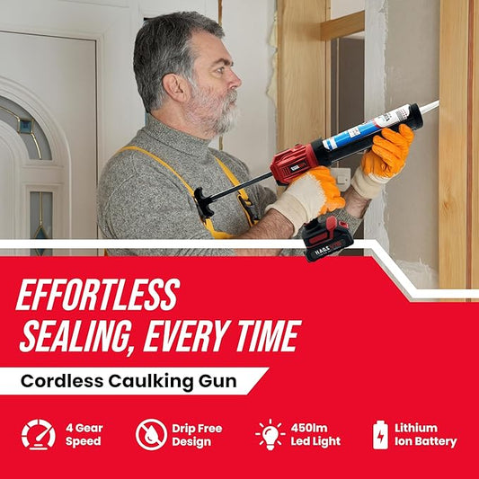 PROMAKER Cordless Caulking Gun, 21V Caulk gun w/ 2 Batteries, LED Light, Adjustable Speed, 3 Nozzle Adapters, 5 Knife Heads, 10 Oz Capacity, 550Lb Pushing Force, Caulk Tool Trowel & Scraper